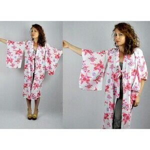 Vintage Cotton Kimono Robe - Japanese Kimono Jacket Duster Floral Bed Jacket S M
